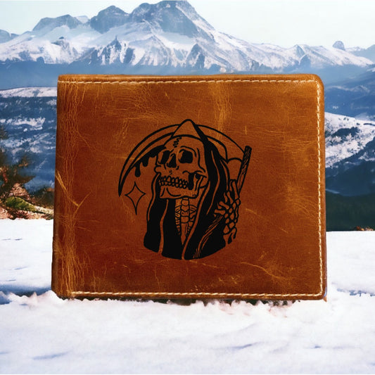 Grim Reaper Leather Wallet Bifold Premium Quality Buffalo Scythe Skeleton NEW