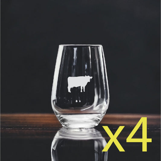 Cow Stemless Wine Glasses x4 Premium 15 Oz Personalize Farm Animal Gift NEW