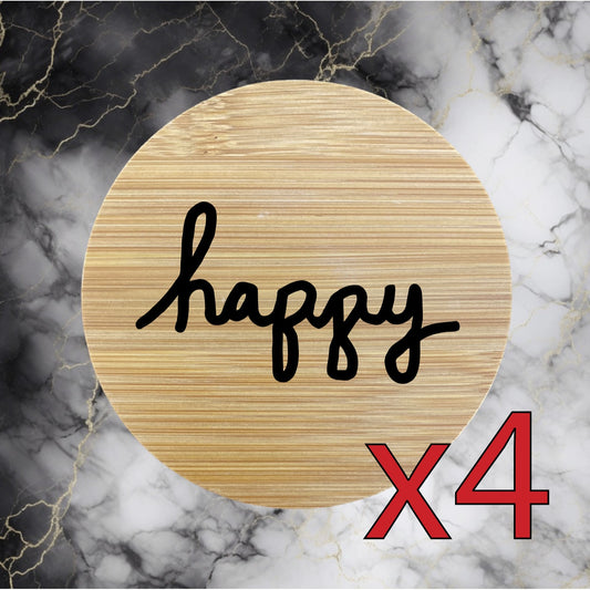 Happy x4 Bamboo Coasters Drink Natural Wood Home Decor Lounge Life Positive NEW