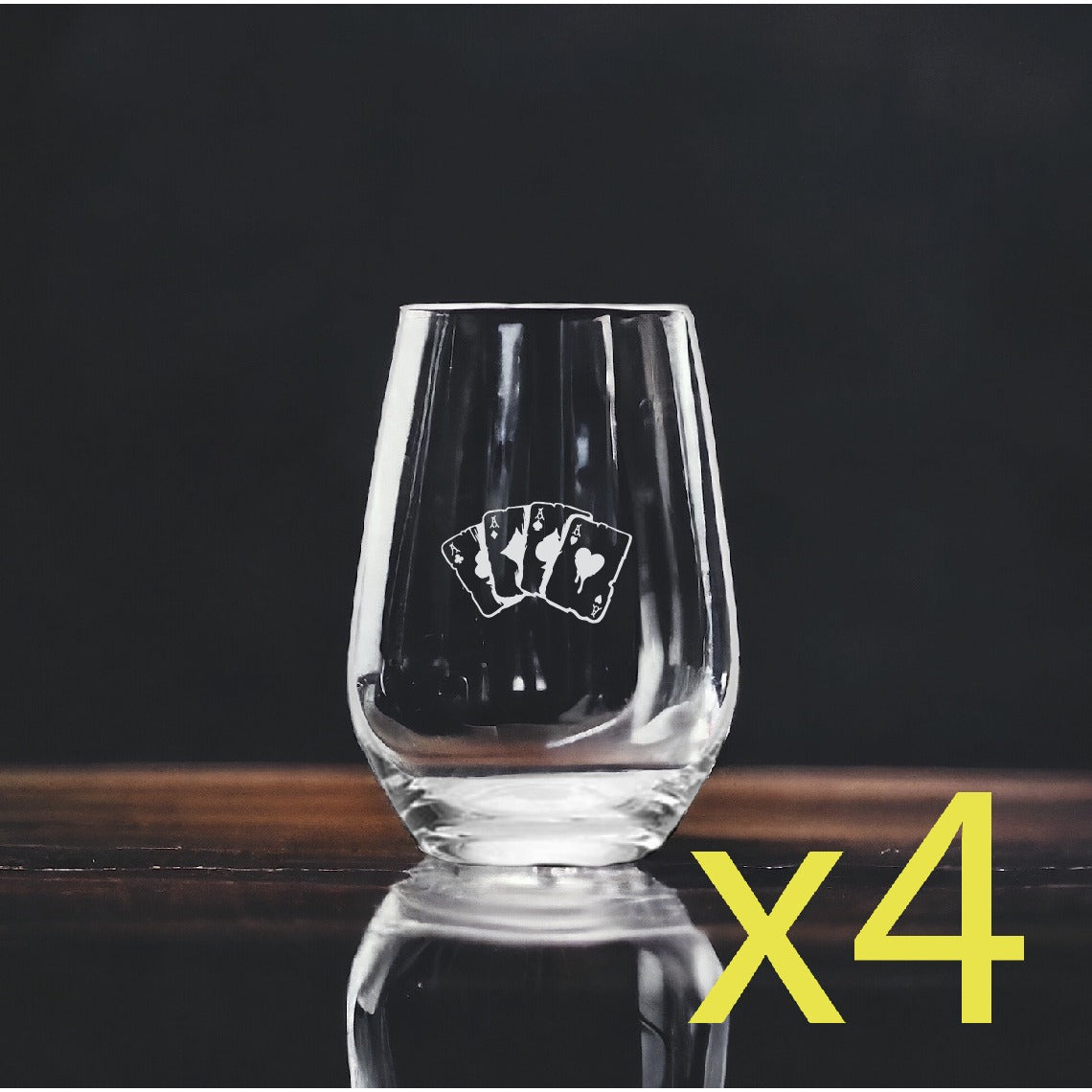 Hand of Aces Stemless Wine Glasses x4 Premium 15 Oz Personalize Cards Poker NEW