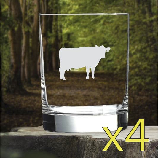 Cow Whiskey Glasses x4 Double 14 Oz Premium Old Fashioned Farm Animal NEW