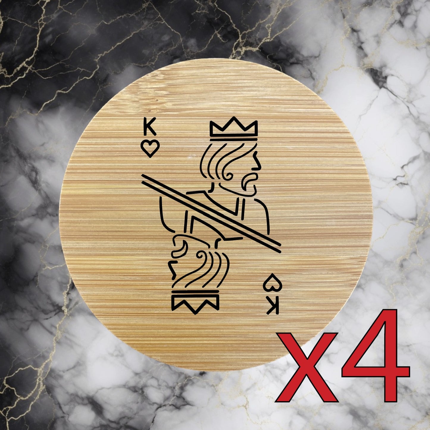 King of Hearts x4 Bamboo Coasters Drink Natural Wood Home Decor Lounge Card NEW