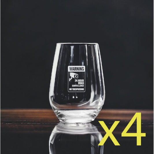 24 Hour Surveillance Stemless Wine Glasses x4 Premium 15 Oz Personalize NEW