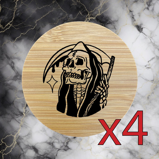 Grim Reaper x4 Bamboo Coasters Drink Natural Wood Home Decor Lounge Skull NEW