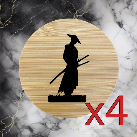 Samurai x4 Bamboo Coasters Drink Natural Wood Home Decor Lounge Warrior NEW