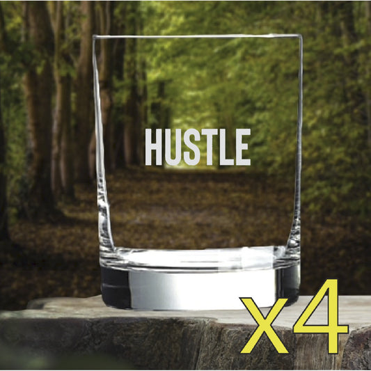 Hustle Whiskey Glasses x4 Double 14 Oz Premium Old Fashioned Work Gym NEW