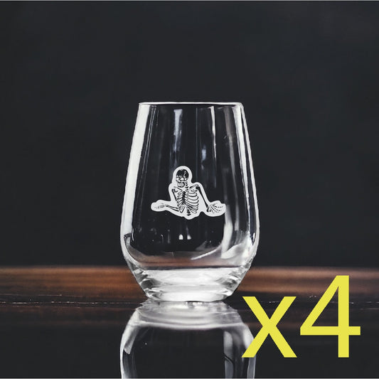 Skeleton Stemless Wine Glasses x4 Premium 15 Oz Personalize Shrug Funny NEW