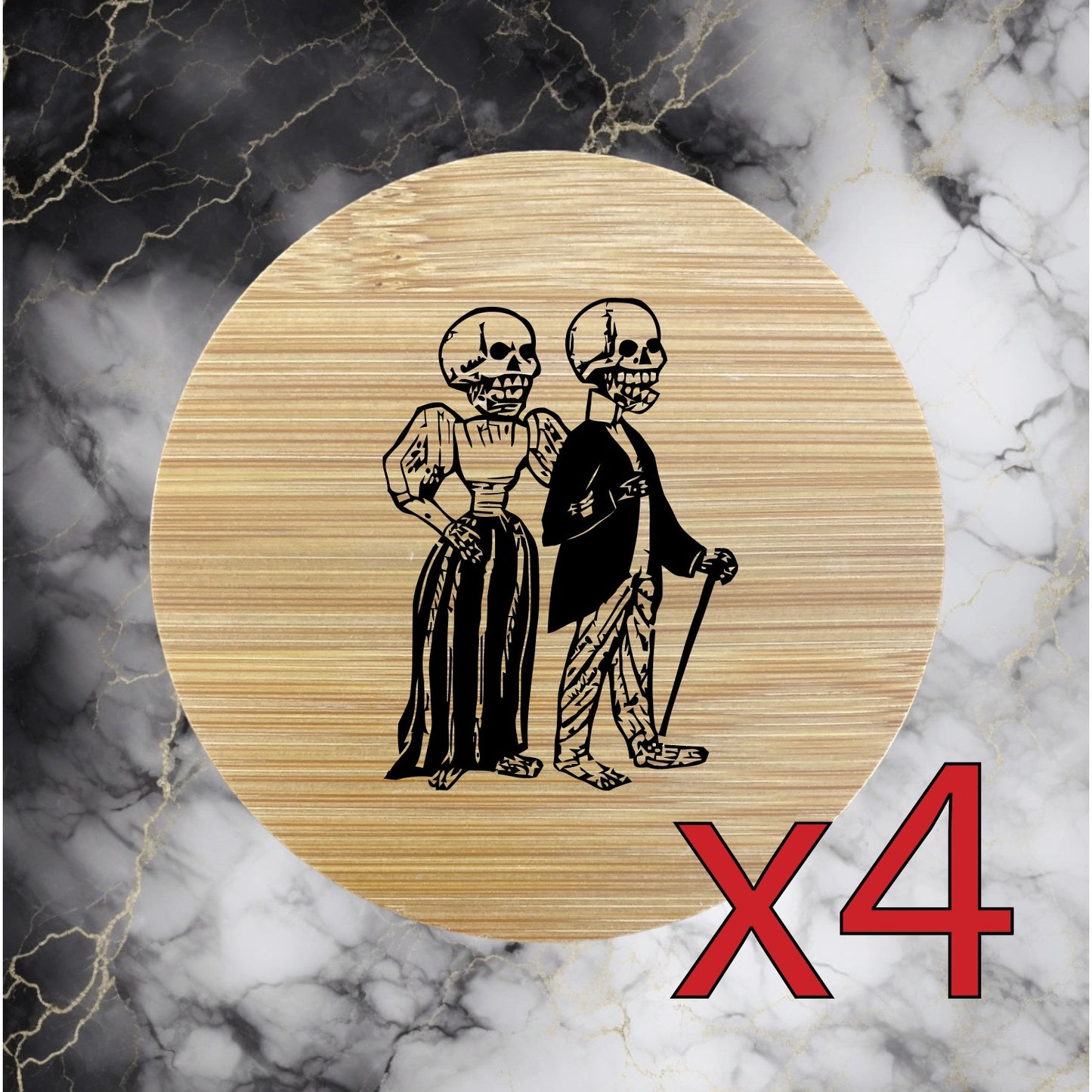 Skeleton Couple x4 Bamboo Coasters Drink Natural Wood Home Decor Lounge Gift NEW