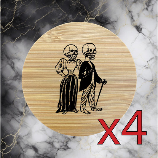 Skeleton Couple x4 Bamboo Coasters Drink Natural Wood Home Decor Lounge Gift NEW