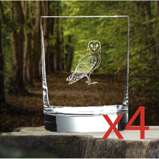 Barn Owl Whiskey Glasses x4 Double 14 Oz Premium Old Fashioned Animal Wild NEW