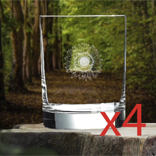 Sunflower Whiskey Glasses x4 Double 14 Oz Premium Old Fashioned Plant Gift NEW