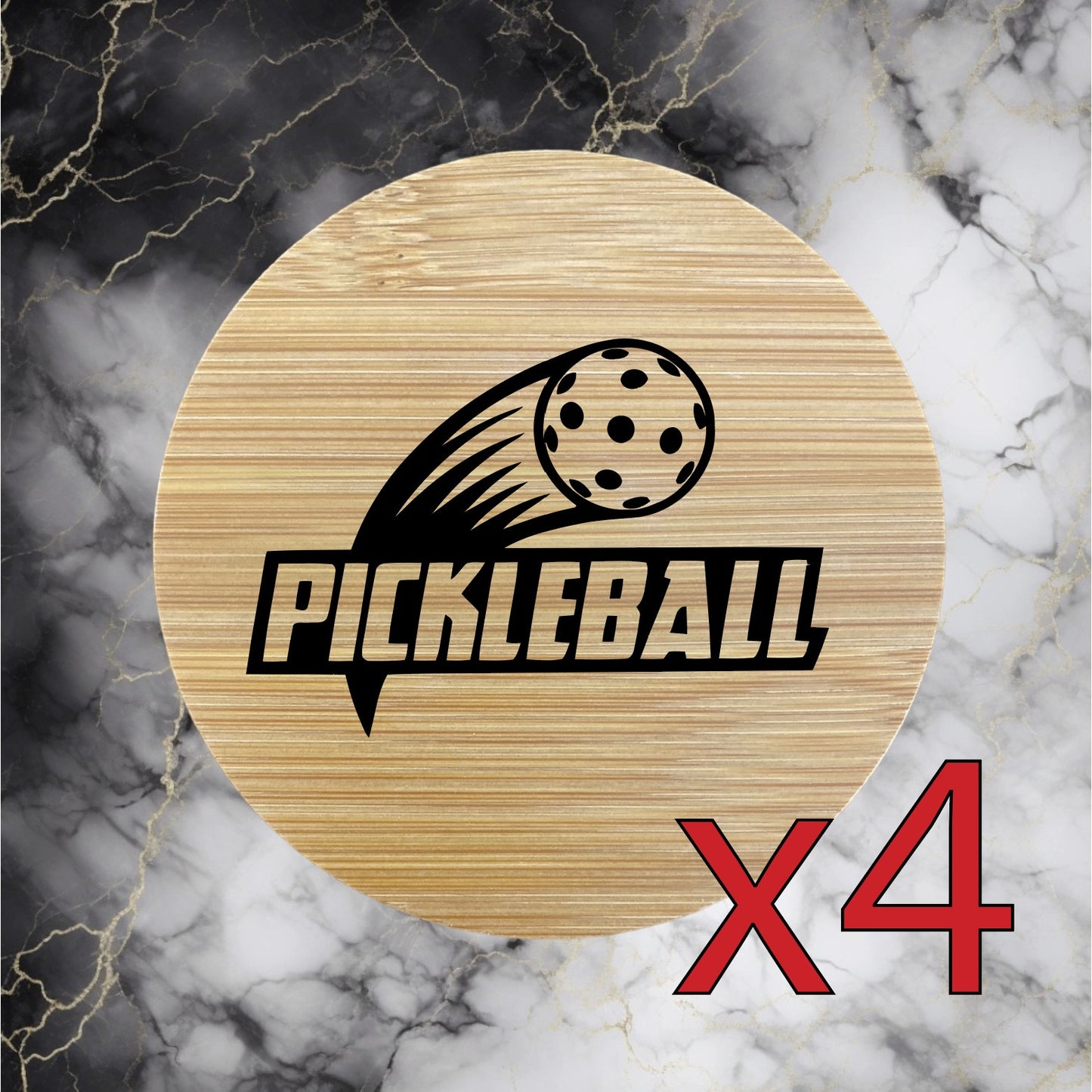 Pickleball x4 Bamboo Coasters Drink Natural Wood Home Decor Lounge Sport NEW