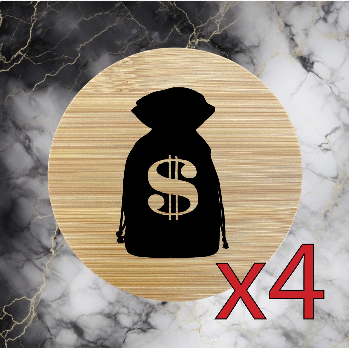 Money Bag x4 Bamboo Coasters Drink Natural Wood Home Decor Lounge Cash NEW