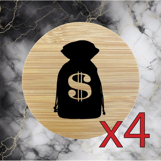 Money Bag x4 Bamboo Coasters Drink Natural Wood Home Decor Lounge Cash NEW