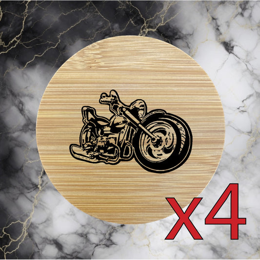 Motorcycle x4 Bamboo Coasters Drink Natural Wood Home Decor Lounge Chopper NEW