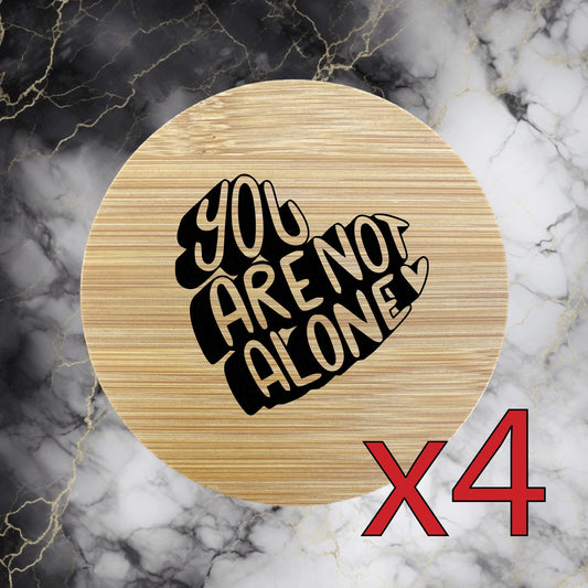 Not Alone x4 Bamboo Coasters Drink Natural Wood Home Decor Lounge Heart Love NEW