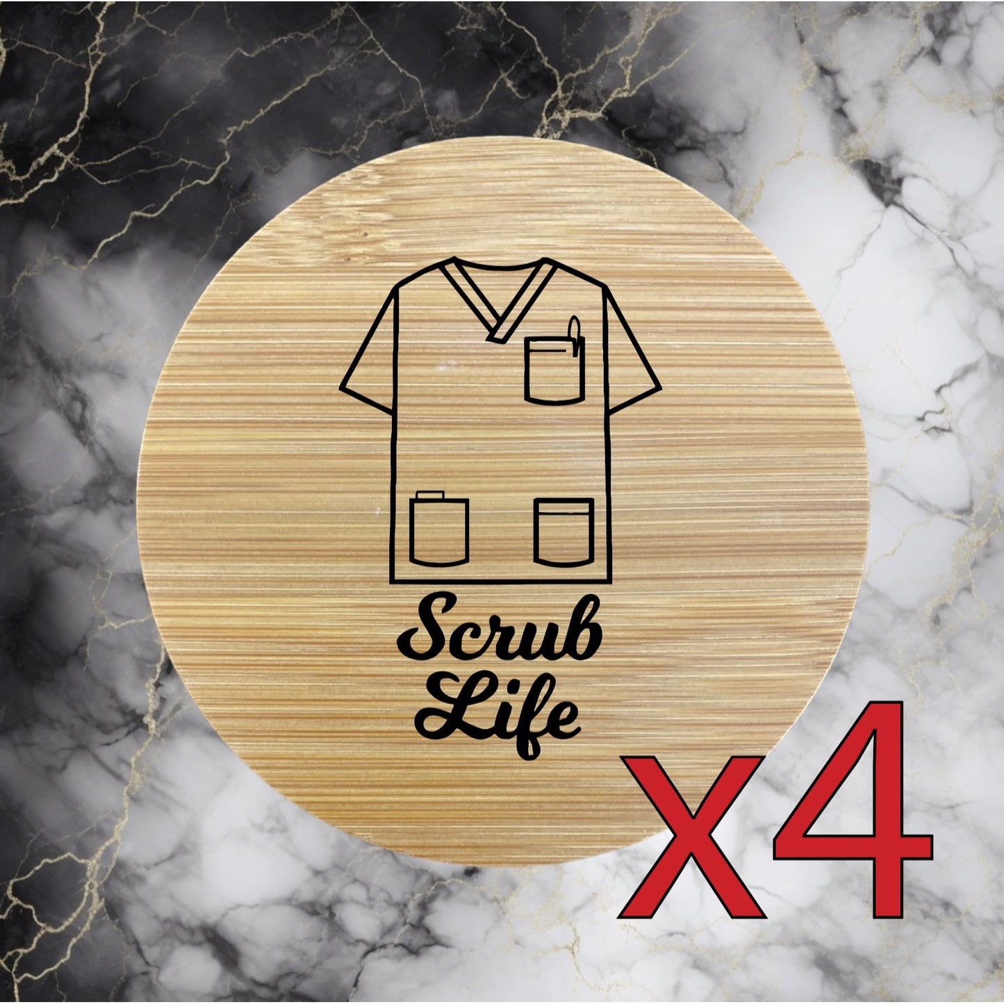 Scrub Life x4 Bamboo Coasters Drink Natural Wood Home Decor Lounge Medical NEW