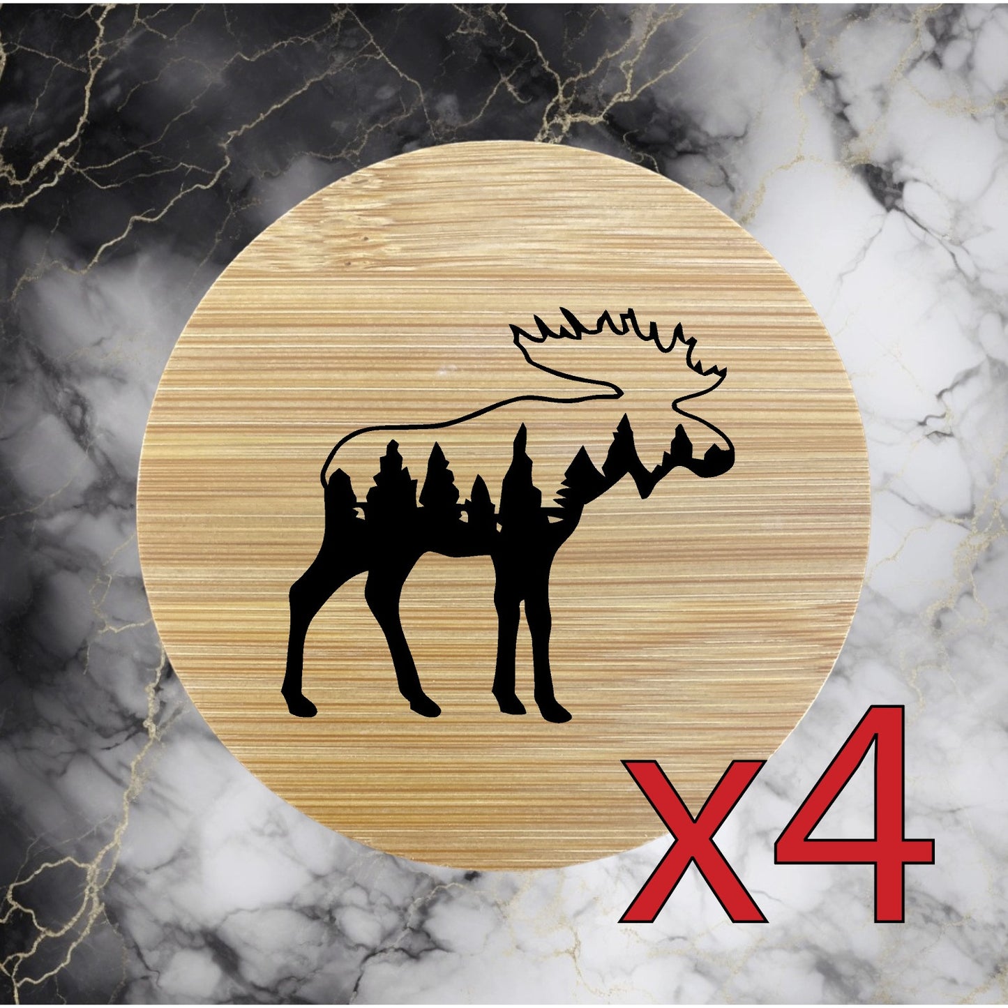 Moose x4 Bamboo Coasters Drink Natural Wood Home Decor Lounge Outdoor Nature NEW