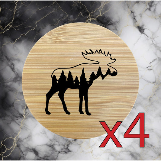 Moose x4 Bamboo Coasters Drink Natural Wood Home Decor Lounge Outdoor Nature NEW