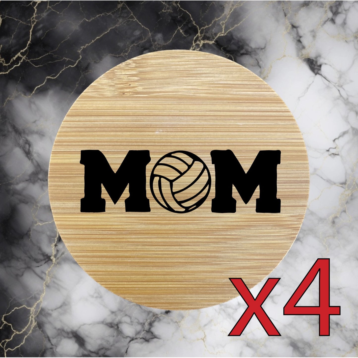 Mom Volleyball x4 Bamboo Coasters Drink Natural Wood Home Decor Lounge Sport NEW