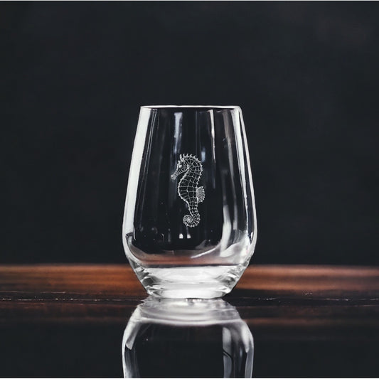 Seahorse Stemless Wine Glasses x4 Premium 15 Oz Personalize Gift Ocean NEW