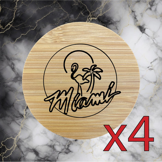 Miami x4 Bamboo Coasters Drink Natural Wood Home Decor Lounge Florida Beach NEW
