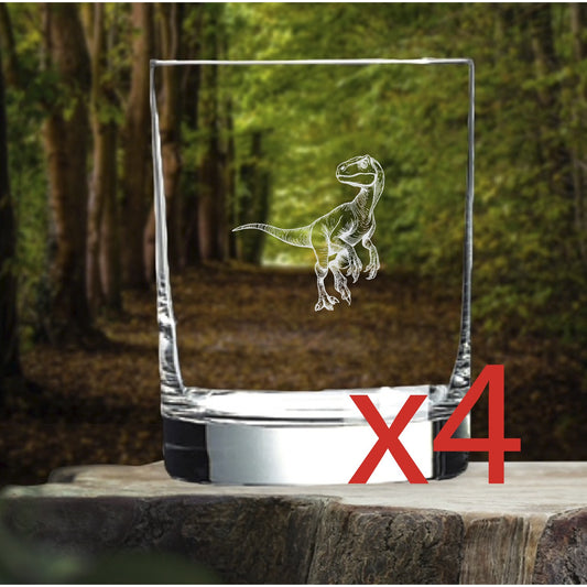 Velociraptor Whiskey Glasses x4 Double 14 Oz Premium Old Fashioned Dinosaur NEW