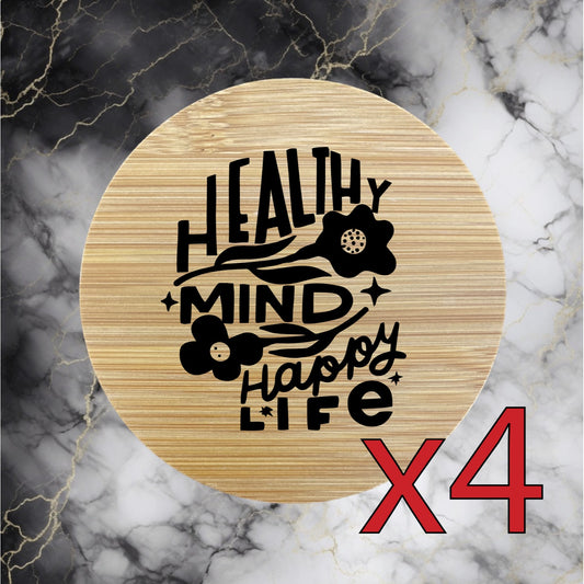 Healthy Mind x4 Bamboo Coasters Drink Natural Wood Home Decor Lounge Life NEW