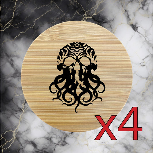 Octopus Skull x4 Bamboo Coasters Drink Natural Wood Home Decor Lounge Ocean NEW
