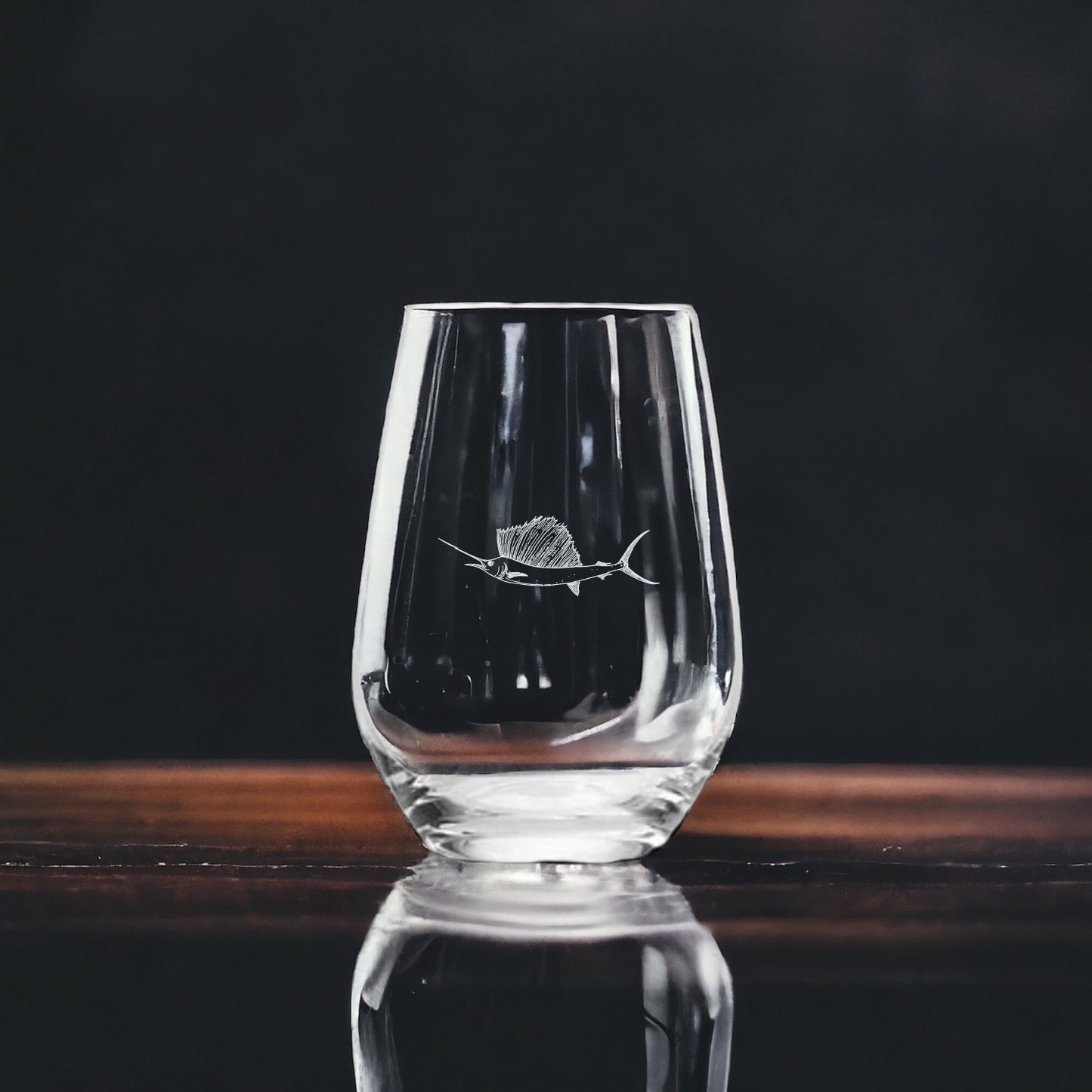 Swordfish Stemless Wine Glasses x4 Premium 15 Oz Personalize Gift Ocean NEW