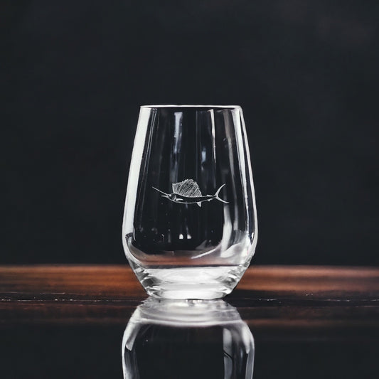 Swordfish Stemless Wine Glasses x4 Premium 15 Oz Personalize Gift Ocean NEW