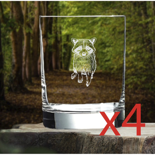 Raccoon Whiskey Glasses x4 Double 14 Oz Premium Old Fashioned Animal Gift NEW