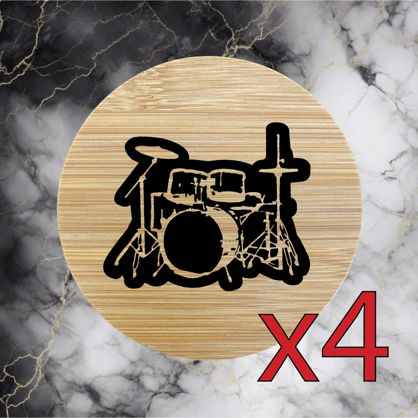 Drum Set x4 Bamboo Coasters Drink Natural Wood Home Decor Lounge Band Music NEW
