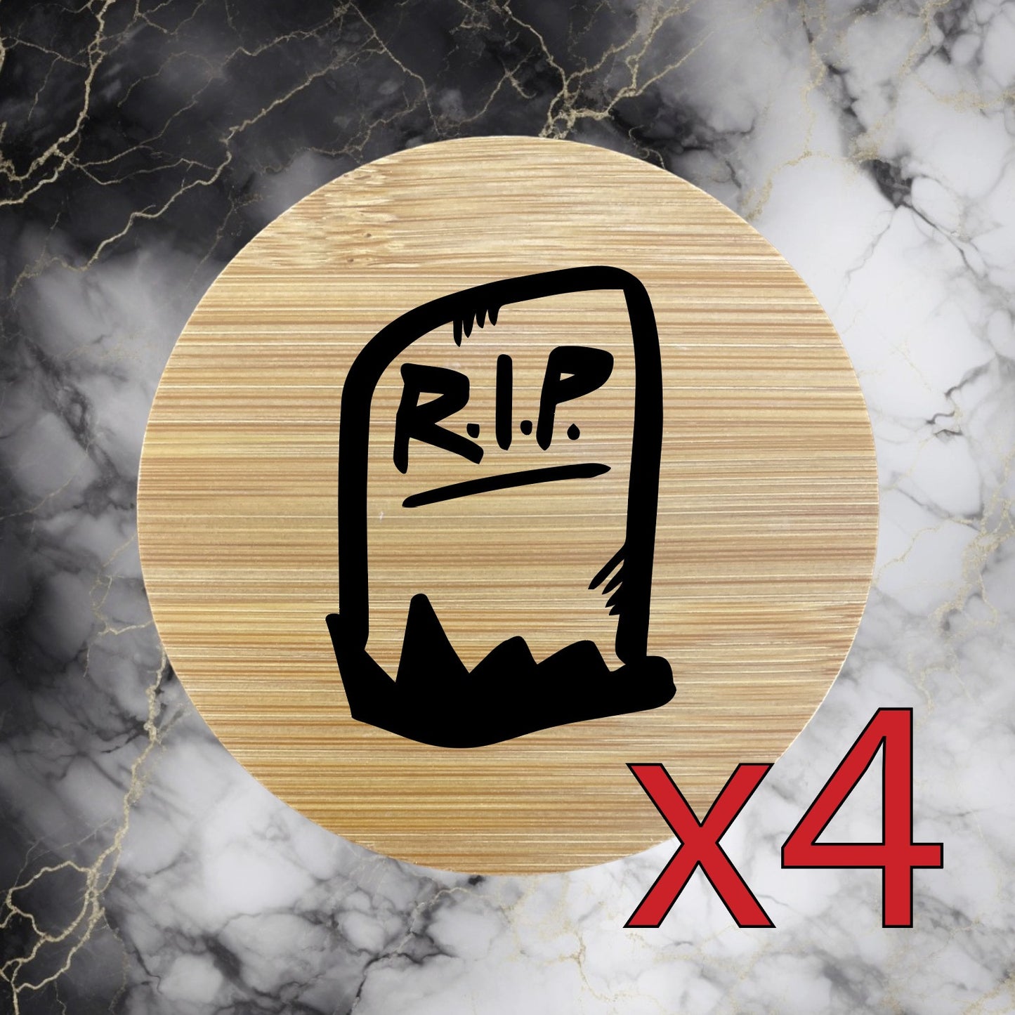 RIP x4 Bamboo Coasters Drink Natural Wood Home Decor Lounge Grave Funny NEW