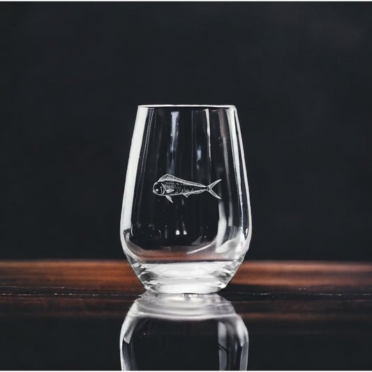 Mahi Mahi Stemless Wine Glasses x4 Premium 15 Oz Personalize Gift Fish Ocean NEW