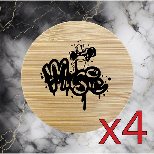 Music x4 Bamboo Coasters Drink Natural Wood Home Decor Lounge Spray Paint NEW