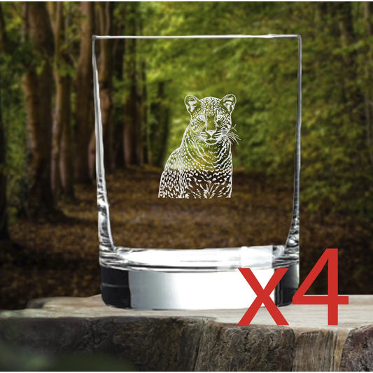 Leopard Whiskey Glasses x4 Double 14 Oz Premium Old Fashioned Animal Gift NEW