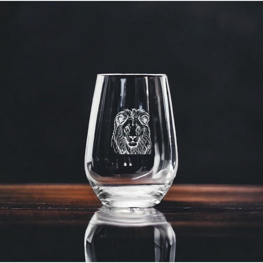 Lion Stemless Wine Glasses x4 Premium 15 Oz Personalize Gift Cat Animal NEW