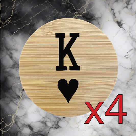 King of Hearts x4 Bamboo Coasters Drink Natural Wood Home Decor Lounge Cards NEW
