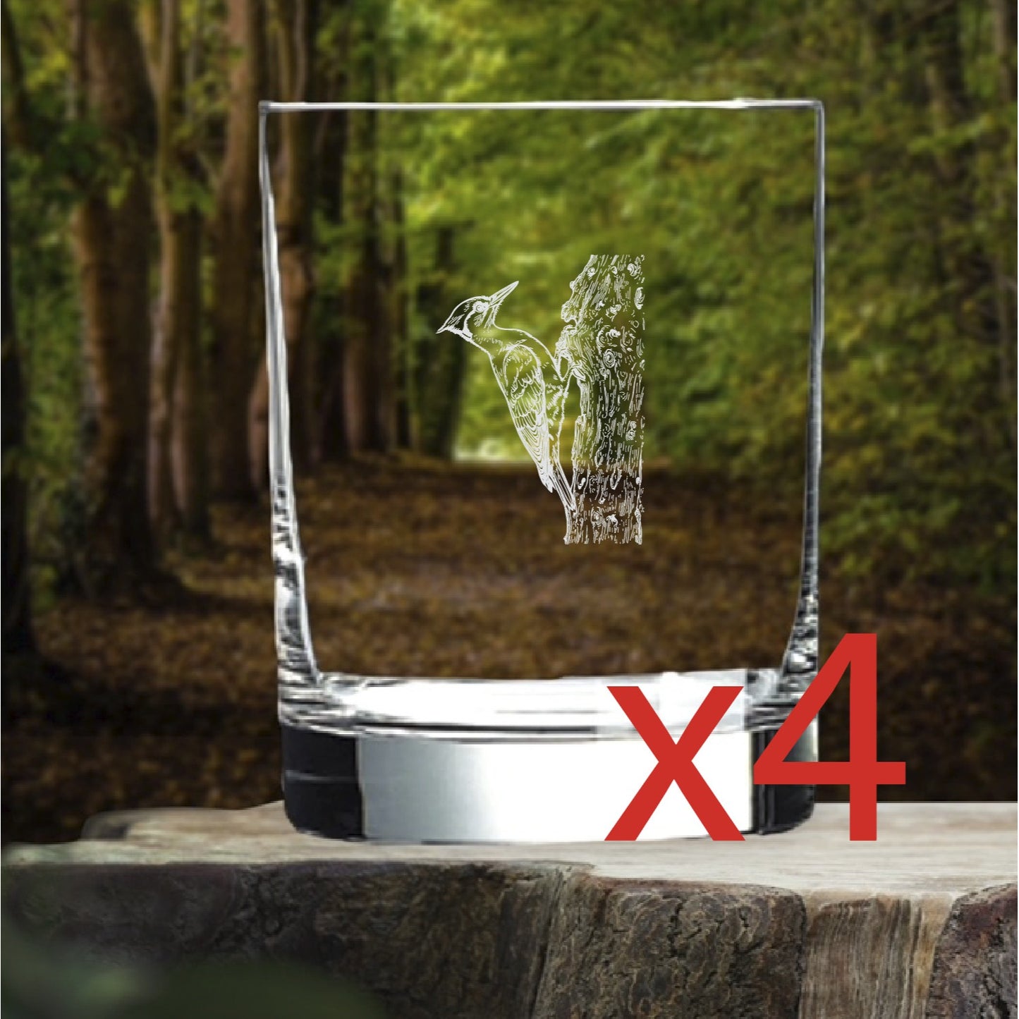 Woodpecker Whiskey Glasses x4 Double 14 Oz Premium Old Fashioned Bird Gift NEW