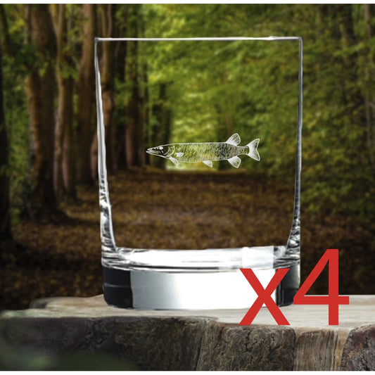 Muskie Whiskey Glasses x4 Double 14 Oz Premium Old Fashioned Fish Gift Wild NEW