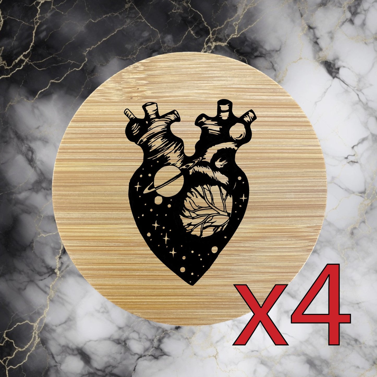 Heart Space x4 Bamboo Coasters Drink Natural Wood Home Decor Lounge Galaxy NEW