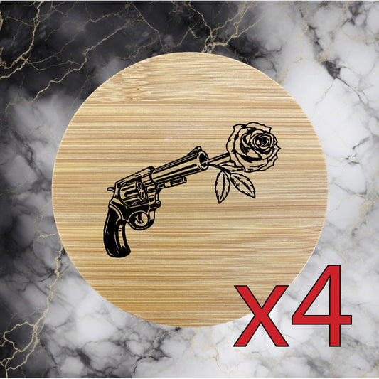 Rose Revolver x4 Bamboo Coasters Drink Natural Wood Home Decor Lounge Floral NEW