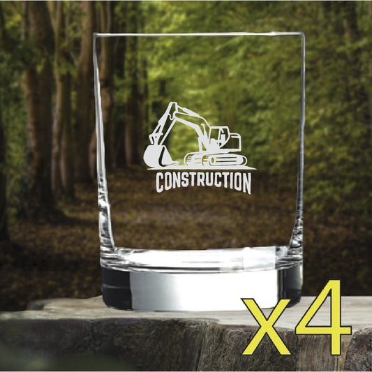Construction Whiskey Glasses x4 Double 14 Oz Premium Old Fashioned Excavator NEW