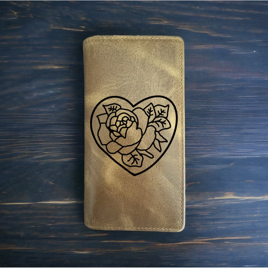 Heart Rose Rodeo Wallet Cowboy Western Buffalo Leather Premium Flower Floral NEW
