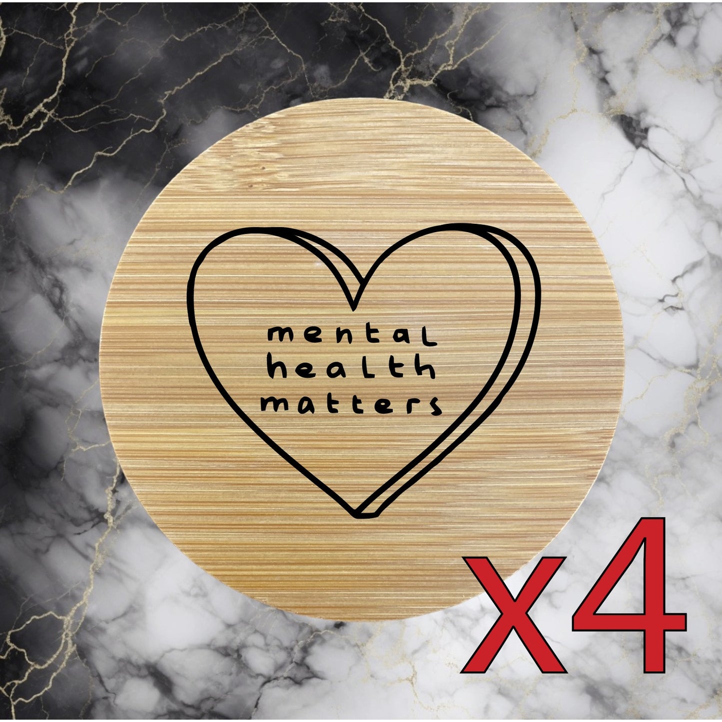 Mental Health x4 Bamboo Coasters Drink Natural Wood Home Decor Lounge Heart NEW