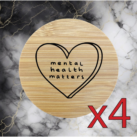 Mental Health x4 Bamboo Coasters Drink Natural Wood Home Decor Lounge Heart NEW