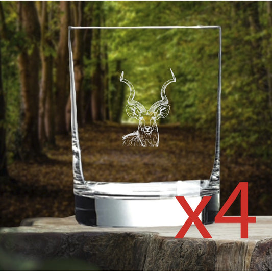 Kudu Whiskey Glasses x4 Double 14 Oz Premium Old Fashioned Animal Wild Gift NEW