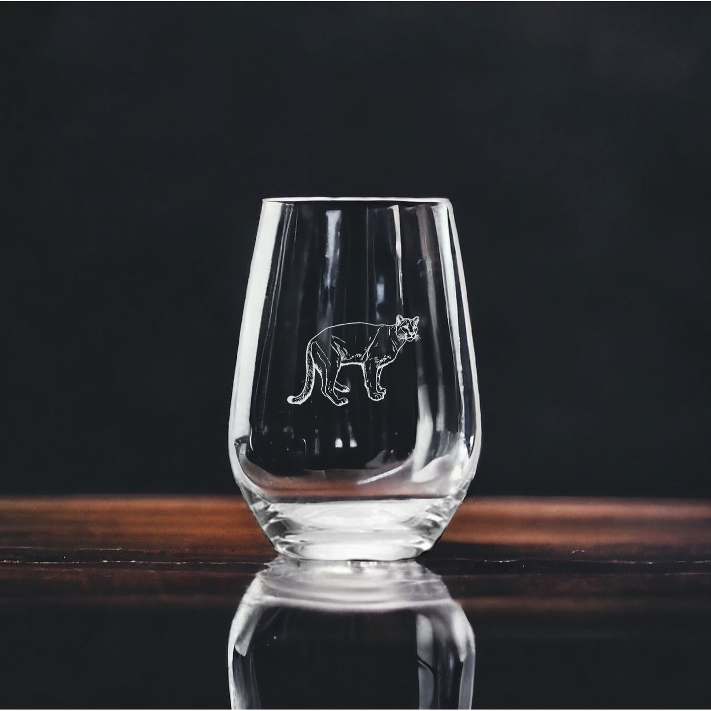 Mountain Lion Stemless Wine Glasses x4 Premium 15 Oz Personalize Gift Cougar NEW