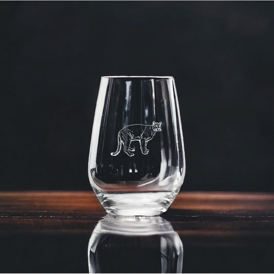 Mountain Lion Stemless Wine Glasses x4 Premium 15 Oz Personalize Gift Cougar NEW